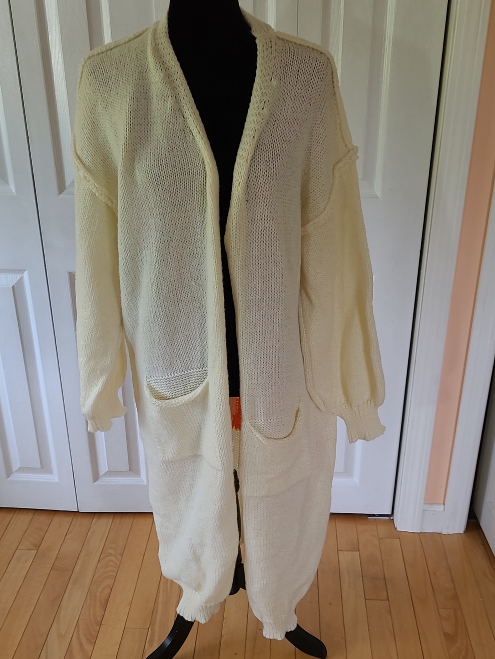 Cream Long Open-Front Knit Cardigan